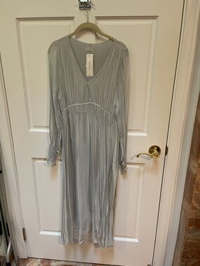 Light blue Gray silk V-Neck Maxi Dress